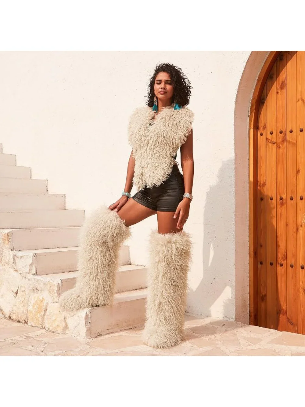 Women's Beige Shaggy Faux Furry Fuzzy Fluffy Flat Knee-High Slouchy Snow Boot